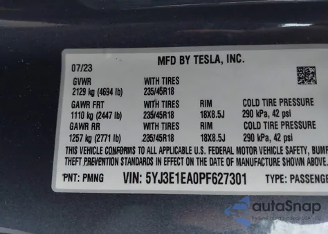 2023 Tesla Model 3 Rear-Wheel Drive z USA, uszkodzony, nr VIN 5YJ3E1EA0PF627301